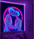 UV Reactive Skull Tapestry - Kissing Lovers Neon Wall Hanging 59" x 51"