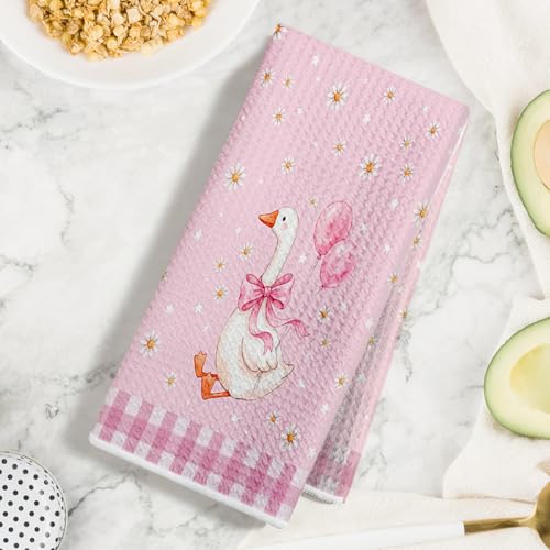 2 Pcs Pink Bow Goose Kitchen Towels - Cute Floral Dish Hand Towels - Multi 1546