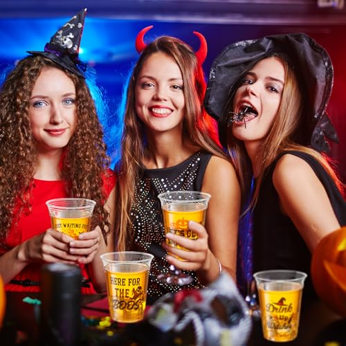 Halloween Clear Plastic Cups 12 oz - 100 Pcs Spooky Party Drinkware with Pumpkin Ghost Witch Hat Skull Pattern - Variation: Halloween