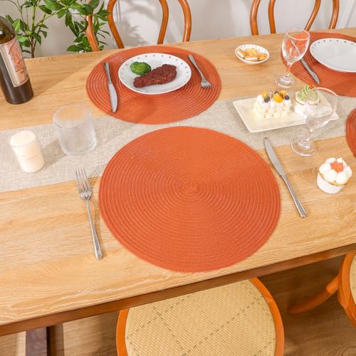 Round Braided Placemats Set of 4 - Autumn Fall Table Decor, Bright Orange