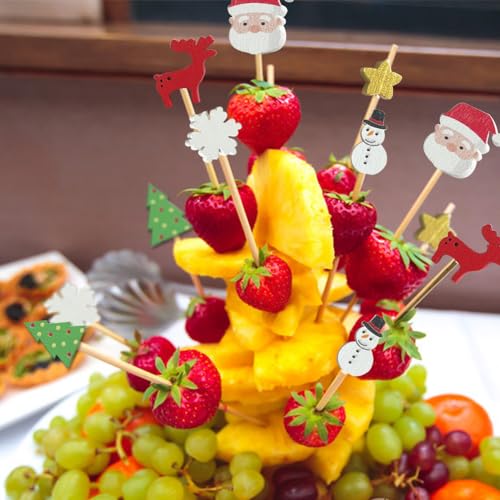 Christmas Cocktail Picks 100 Pcs Santa Snowman Elk Tree Bamboo Party Decorations