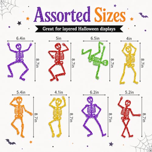 Halloween Skeleton Decorations - 8-Pack Glitter Hanging Skeletons with String - Skeleton Variation