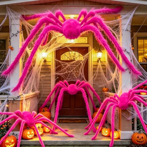 Pink Halloween Giant Spider Decorations Set - 10 Ft & 5 Ft Spiders for Indoor Outdoor Decor