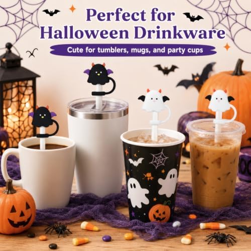 Halloween Ghost Straw Covers 6-Pack - Black and White Ghost Toppers for Tumblers