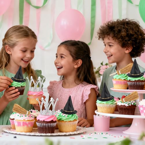 Mini Witch Hat Cupcake Toppers with Crown & Broom - Witch Princess Party Decorations - Variation of THIS listing