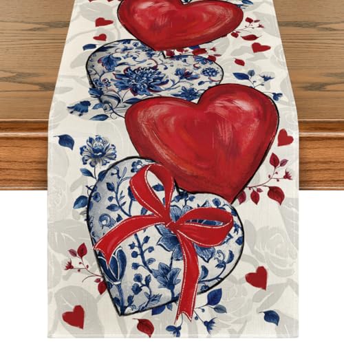 Hearts Bow Valentine's Table Runner 13x90 Inch Red Blue Home Decor