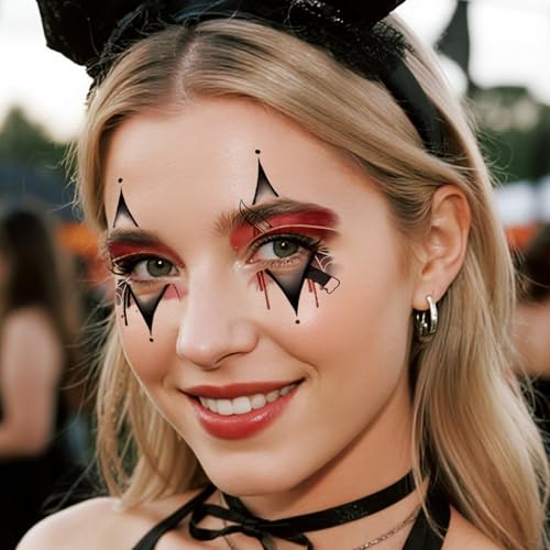 Halloween Scary Face Tattoo - 16 Sheets Spiders Web Bats Skulls Blood Designs for Men Women Cosplay Party