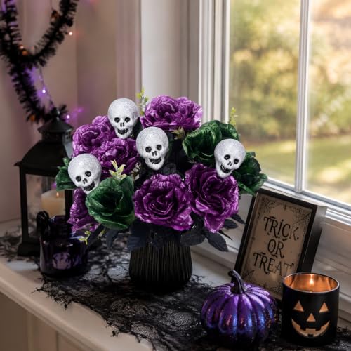 Purple Halloween Flower Bouquet - 18in Artificial Peony & Rose with Skull, 2 Pcs