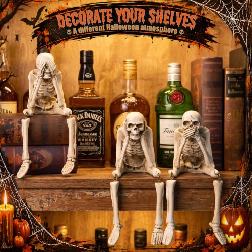 Halloween Skeleton Decor 3-Piece Resin Skeleton Figurines Set - See No Evil, Hear No Evil, Speak No Evil Variation