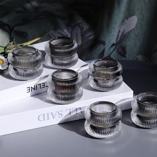 Gray Ribbed Votive Candle Holders Set of 12 - Halloween Decor, Pumpkin Shape