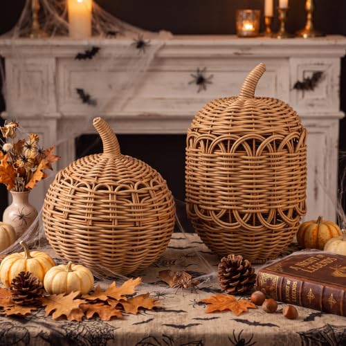 Set of 2 Woven Rattan Pumpkin Decor - Fall Wicker Centerpieces for Autumn and Thanksgiving