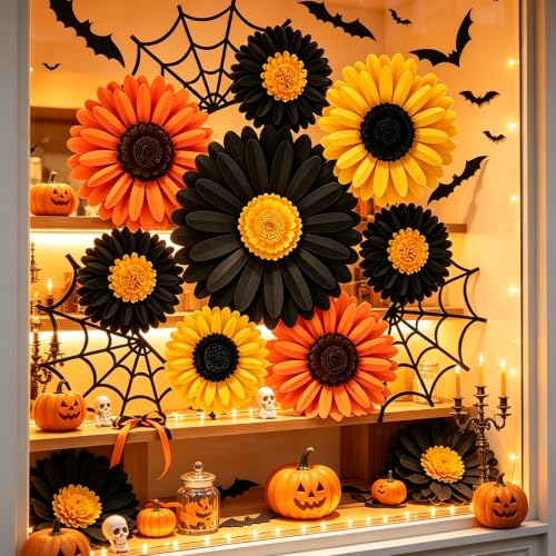 Halloween Daisy Paper Decorations for Office & Wall - Bats, Webs, Fall Flowers - Halloween Party Decor
