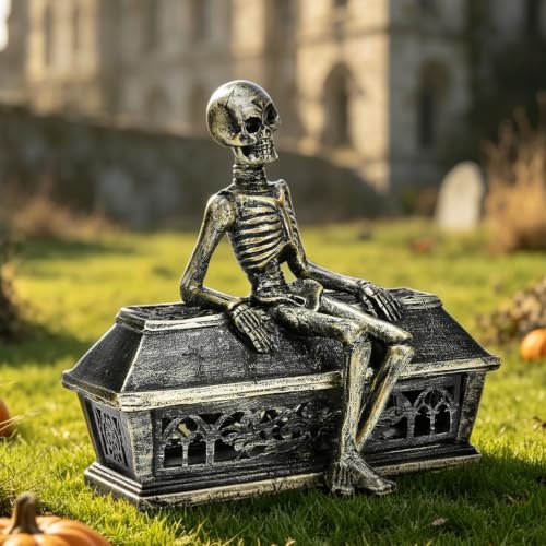 Solar Halloween Garden Skeleton Statue with Light Projection - 7.1 Inches