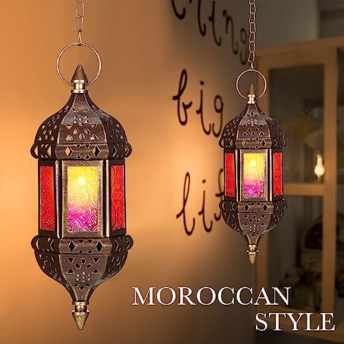 Moroccan Hexagon Candle Lantern Holders Set of 2 - Indoor Outdoor Hanging Decor