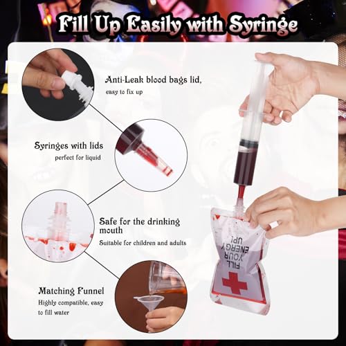 Halloween Blood Bag Drink Set - 50 Reusable 10oz IV Style Party Favors with Syringe & Funnel - Style1