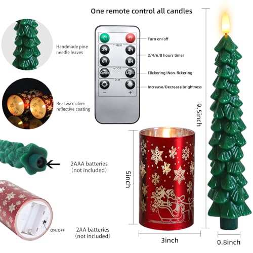 Flameless Christmas Candles Set with Remote - Red & Green LED Tree & Glass Decor