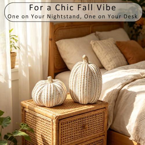 White Gold Pumpkins Decor Set - 2PCS Fall Resin Pumpkin Figurines with Dots & Bead Details - Gold Dots Variation
