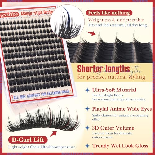 Anime Lash Clusters 8-14mm Wispy DIY False Eyelash Extensions 204pcs