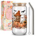 Halloween Highland Cow Glass Cup with Lid & Straw - Fall 16 Oz Iced Coffee Tumbler - Variation 14