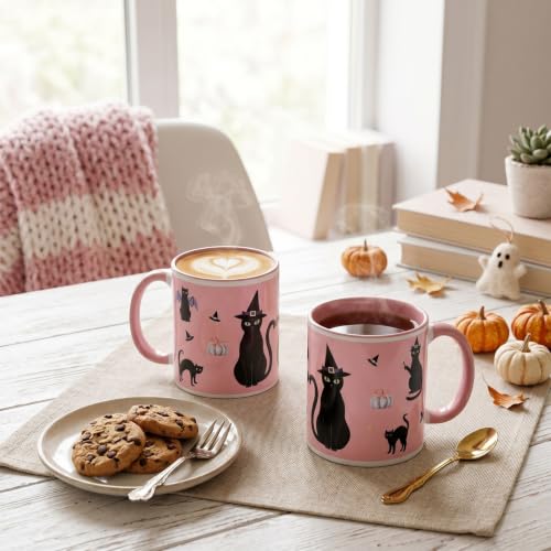 Halloween Black Cat Coffee Mug Set - 12 oz Ceramic Cups with Cat Design, Variation: Cat / Black