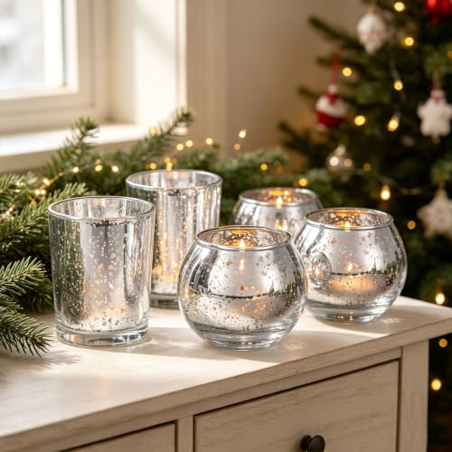 Silver Glass Votive Candle Holders Set - 72pcs Assorted Mercury Finish with Variation Silver (36pcs + 36pcs)