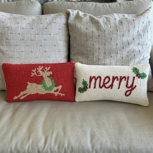 Reindeer Hand Hooked Christmas Pillow 9x16 Inches for Couch or Dorm - Holiday Decor