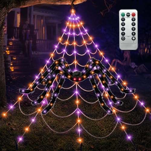 Halloween Spider Web Lights Decoration with Giant 59-Inch Spider - Orange & Purple LED