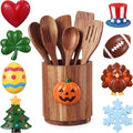 Halloween Pumpkin Kitchen Utensil Holder with Seasonal Decor - Wood Storage