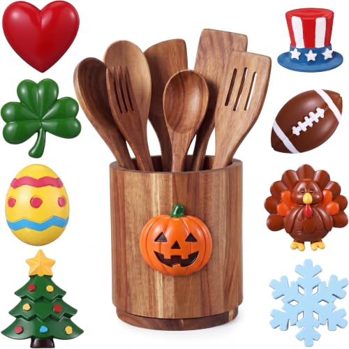 Halloween Pumpkin Kitchen Utensil Holder with Seasonal Decor - Wood Storage