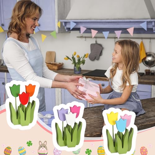 Spring Tulip Table Centerpiece Decor Set - Wooden Rustic Farmhouse Style