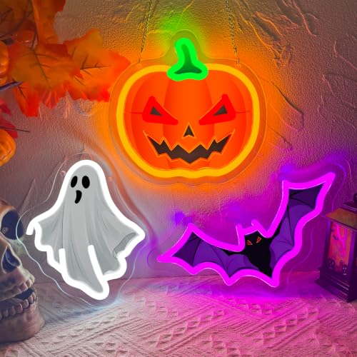 Halloween Neon Signs Set - Dimmable Pumpkin Ghost Bat LED Lights - Colorful Halloween 3pcs