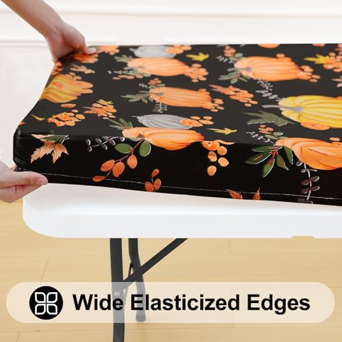 Halloween Fitted Table Cover 8FT Vinyl Tablecloth with Flannel Backing - Black & Yellow