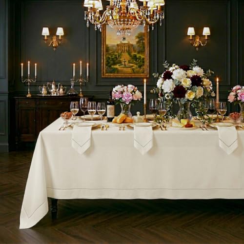 144x60 Inch Ivory Linen Hemstitch Rectangle Tablecloth - Pure European Flax