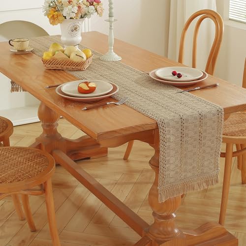 Brown Burlap Boho Table Runner 12x108 Inches with Tassels - Rustic Farmhouse Decor