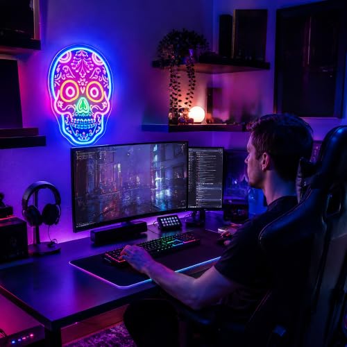 Skull Neon Sign for Wall Decor - LED Neon Light for Gaming, Man Cave, Room