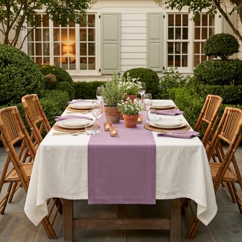 Pure Linen Table Runner Mulberry 14x72 Inch Fete - Handcrafted, Machine Washable
