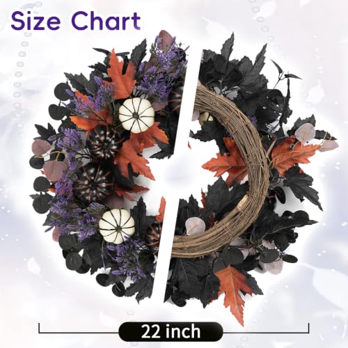 Halloween Wreath for Front Door - Black & White Pumpkins, 22 Inch - Variation: Black
