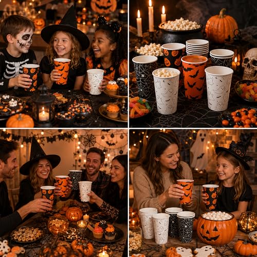Halloween Paper Cups with Lids 80 Pack 12 oz Coffee Cups - Black Lids & 4 Designs