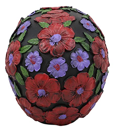Black Day of The Dead Floral Sugar Skull Figurine - Summer Red & Purple Flowers Variation - Halloween & Dia de los Muertos Decor 6"