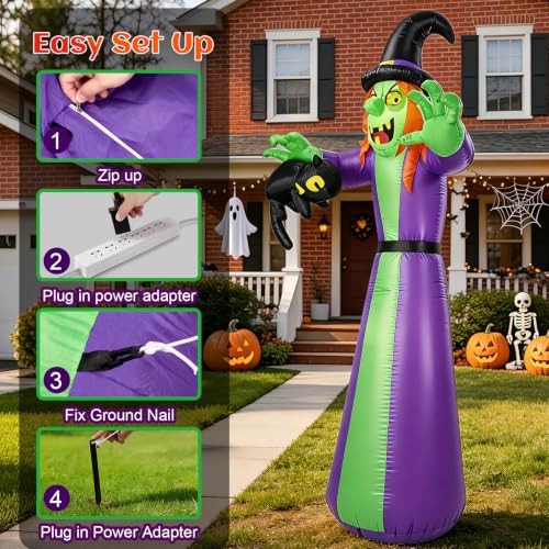 12 FT Giant Inflatable Witch with Black Cat & LED Lights - Outdoor Halloween Decor
