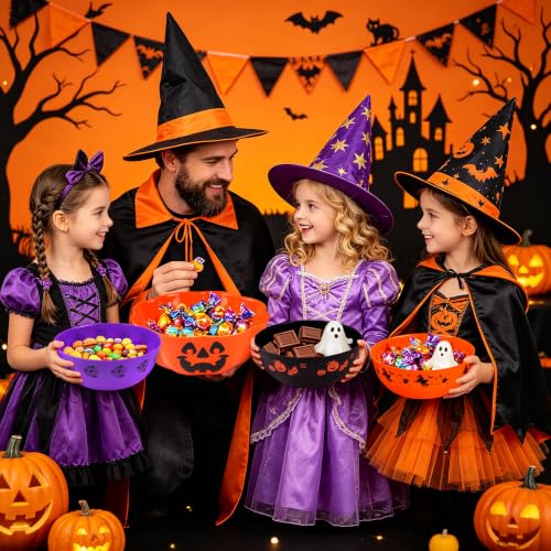 Halloween Candy Bowls Set - 4 Large Plastic Trick-or-Treat Treat Holders - Orange, Purple, Black Variations