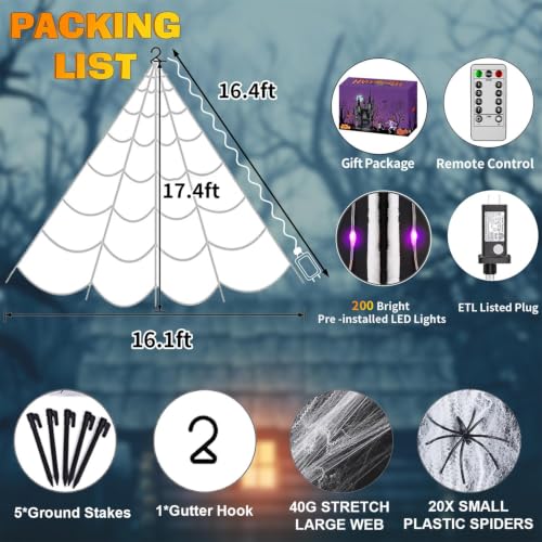 Purple Lighted Spider Web Kit with 200 LEDs, 16.4Ft Outdoor Halloween Decoration - Without Spider