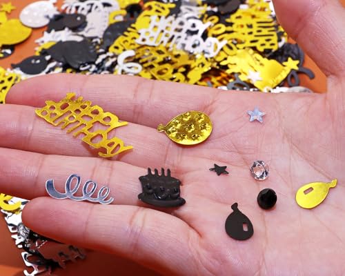 Party Confetti Happy Birthday Foil Confetti Table Decorations - Gold, Silver, Black - 600pcs