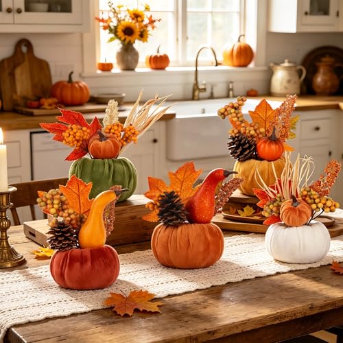 Autumn Pumpkin Decor Set - 5PCS Fall Thanksgiving Home Indoor Decorations - Green, Coffee, White, Camel