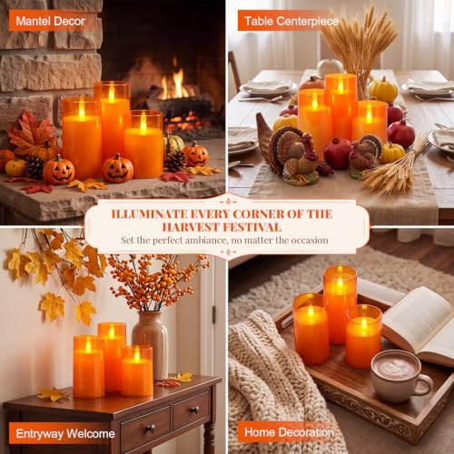 Raycare Flameless LED Pillar Candle 3 Pack - 3D Flame Timer Remote - Orange, D3xH4, 5, 6 Inches