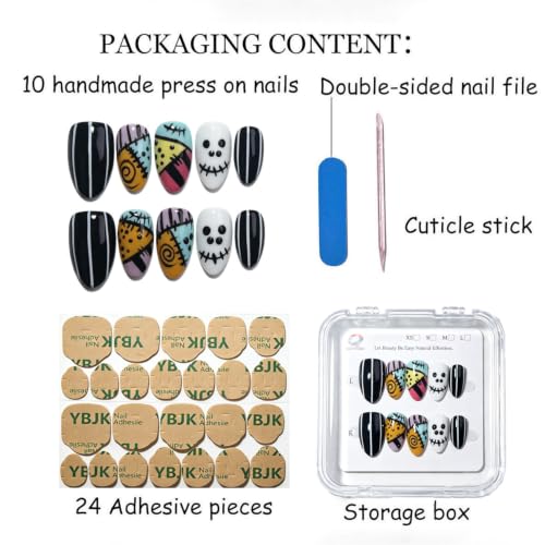 Reusable Short Almond Press-On Nails with Halloween Skull Design - S Variation