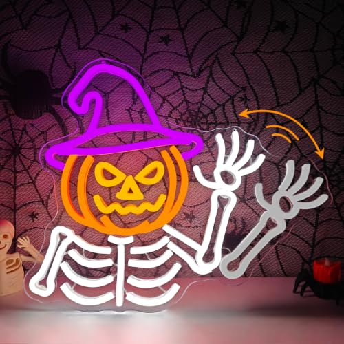 Waving Pumpkin Skeleton Neon Sign for Halloween Wall Decor USB Dimmable LED Light