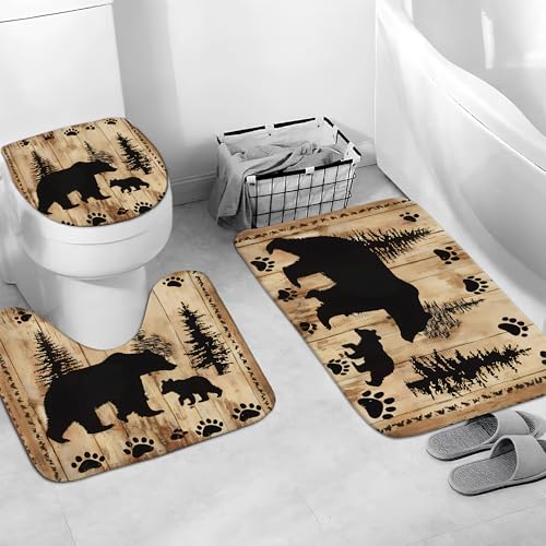 Rustic Bear Shower Curtain Set - Nursery Farmhouse Bathroom Decor with Bath Mat & Toilet Cover - Black Bear Woodland Theme - Variation of THIS listing