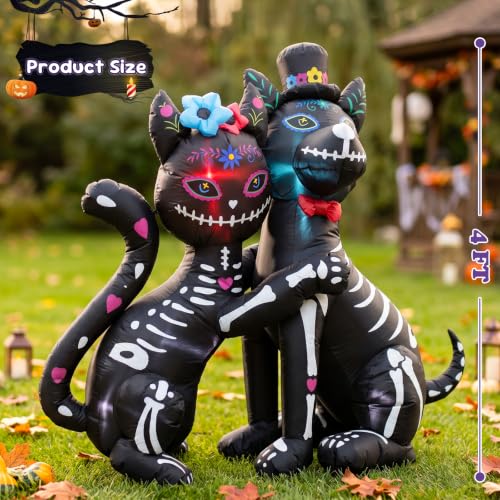 4ft Halloween & Day of the Dead Inflatable with Cat & Dog - Skeleton & Sugar Skull Duo, LED Lights, Weather-Resistant Decoration