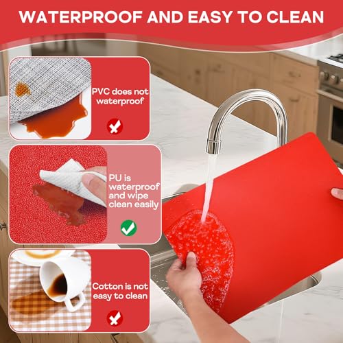 Red Vinyl Placemat Set of 6 Waterproof Heat-Resistant Table Mats for Dining & Kitchen